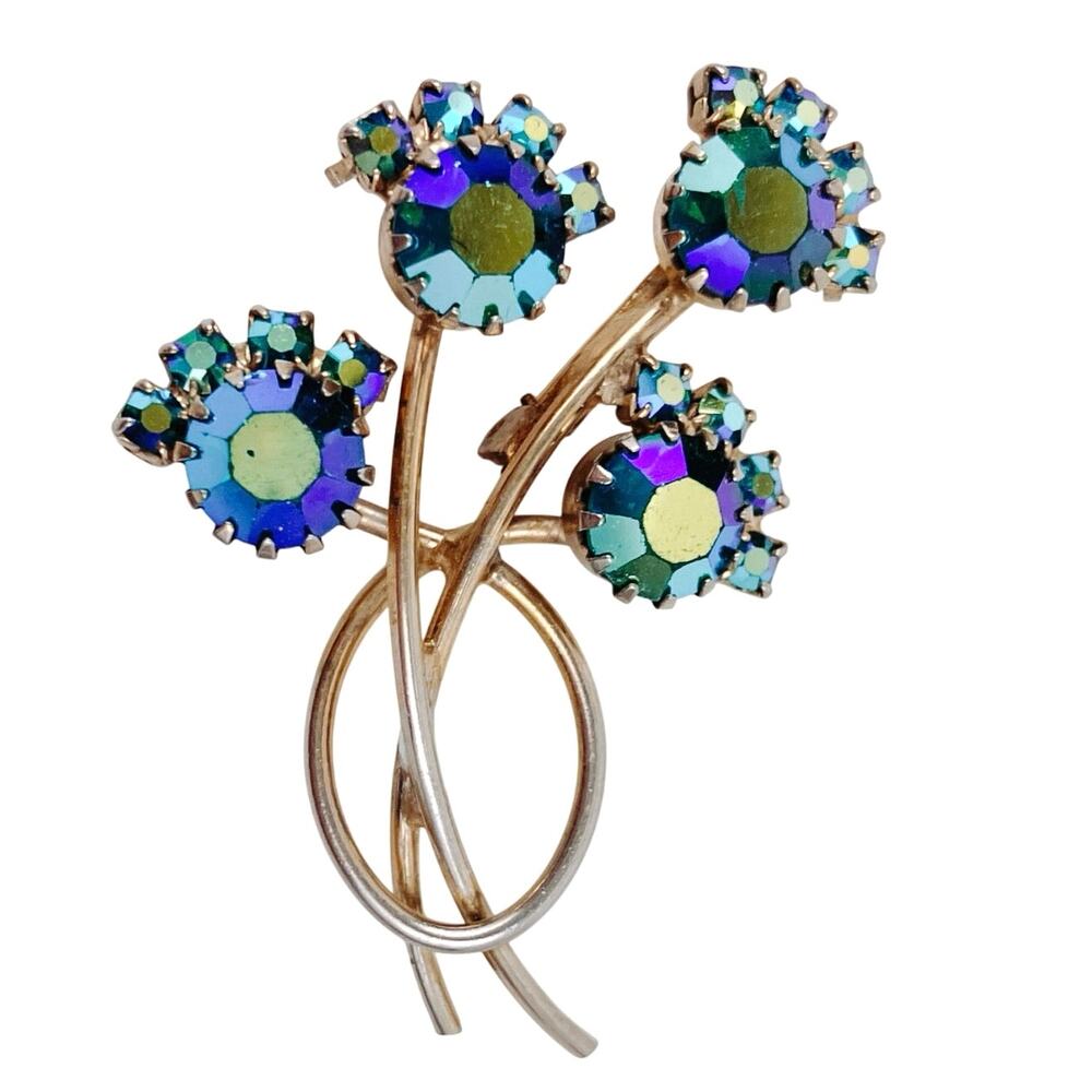 Mid Century Blue AB Rhinestone Bouquet Floral Spray Brooch, 1950s AB Vintage Pin